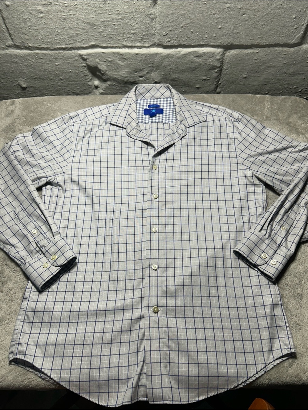 Egara Mens Large Dress Shirt Gray Blue Windowpane Check Non Iron 100% Cotton L